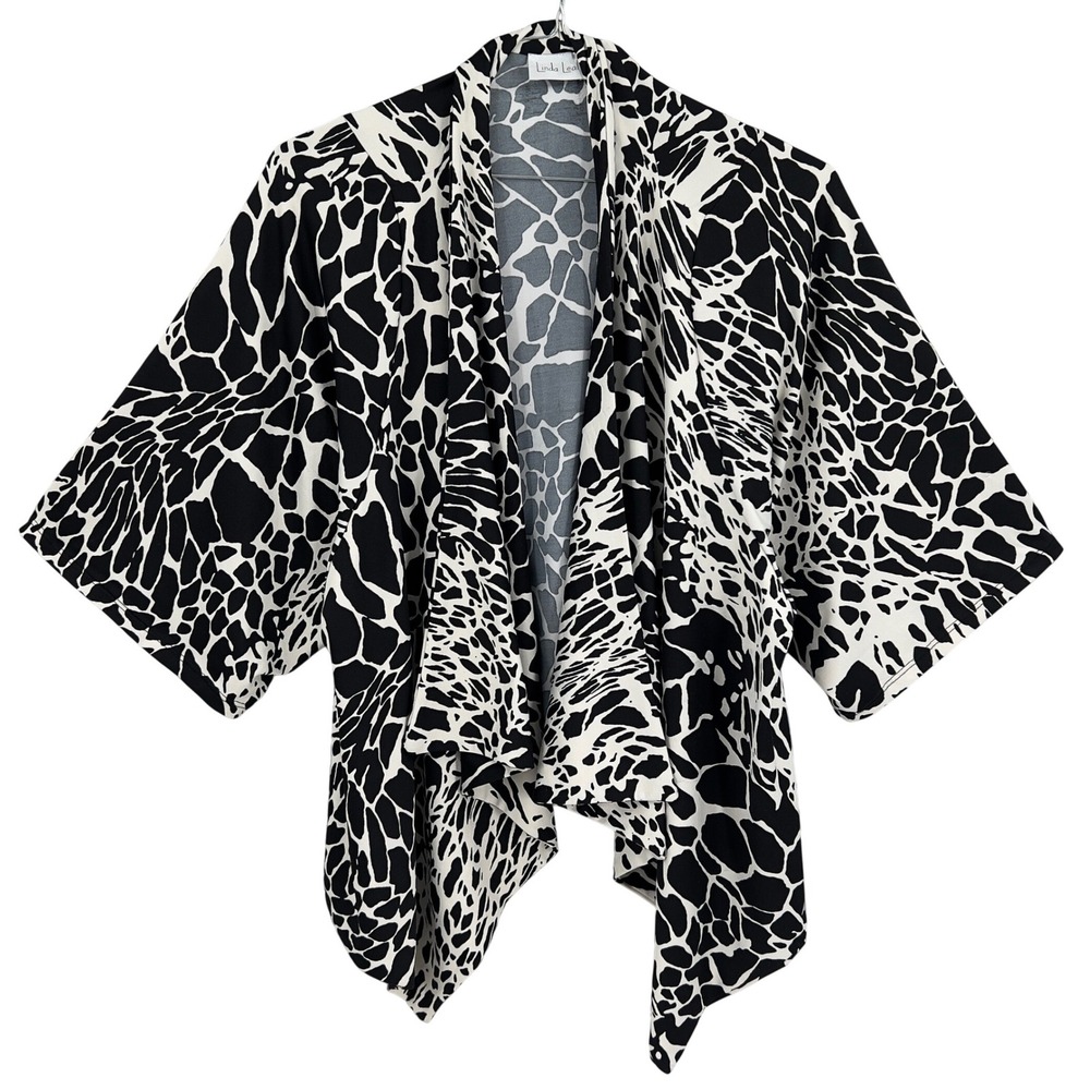 Linda Leal Women's Black White Abstract Animal Print Draped Kimono Cardigan‎ XL